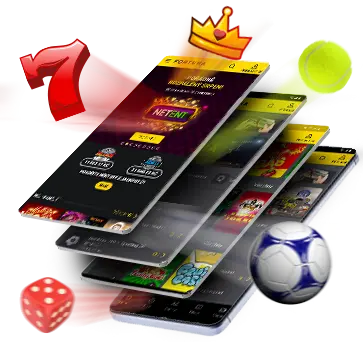 Fortuna Casino aplikace – hry, sport a zábava na jednom místě Mobilní aplikace Fortuna Casino s výběrem her, doplněná ikonami kostky, míče, tenisového míčku, koruny a červené sedmičky